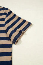 Women’s casual striped V-neck midi T-shirt dress by Plush Fashion Hub, featuring a relaxed fit and stylish design.