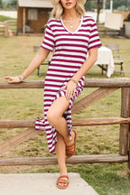 Women’s casual striped V-neck midi T-shirt dress by Plush Fashion Hub, featuring a relaxed fit and classic stripe pattern.