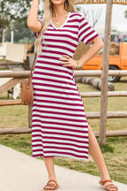 Women’s casual striped V-neck midi T-shirt dress by Plush Fashion Hub, featuring comfortable fabric and classic stripe pattern.