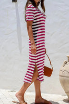 Women’s casual striped V-neck midi T-shirt dress by Plush Fashion Hub, featuring a comfortable fit and stylish design.