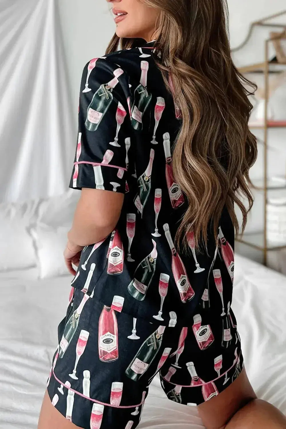 Women’s champagne print pajama top and shorts lounge set by Trendsi, featuring short sleeves and comfortable fabric.