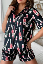 Women’s champagne print short sleeve pajama top and shorts lounge set by Trendsi, featuring a stylish and comfortable sleepwear design.