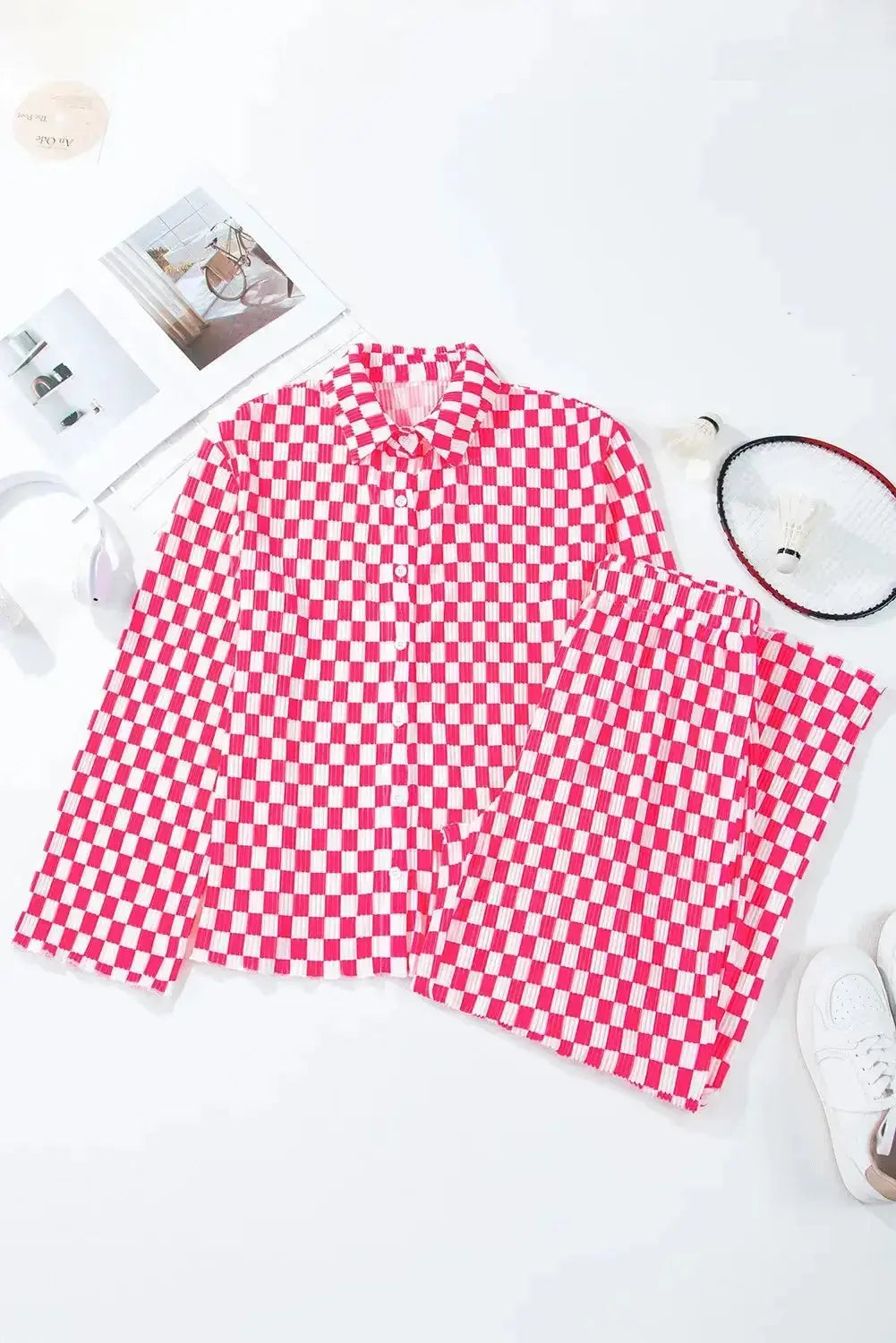 Women's checkered button-up lounge pajama set by Trendsi, soft 2-piece sleepwear with comfortable fabric and relaxed fit.