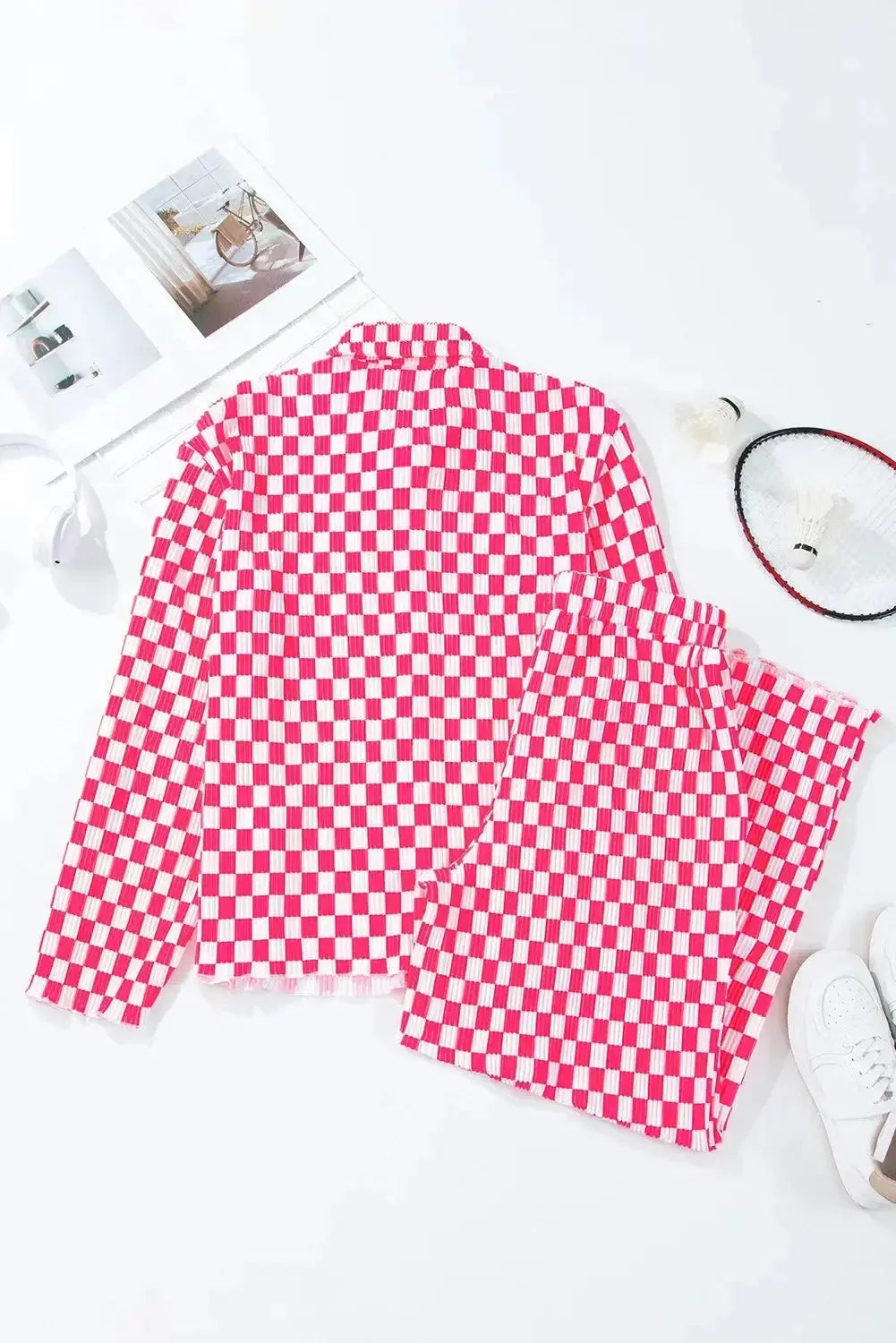 Women's checkered button-up lounge pajama set by Trendsi, soft 2-piece sleepwear with comfortable fabric and relaxed fit.