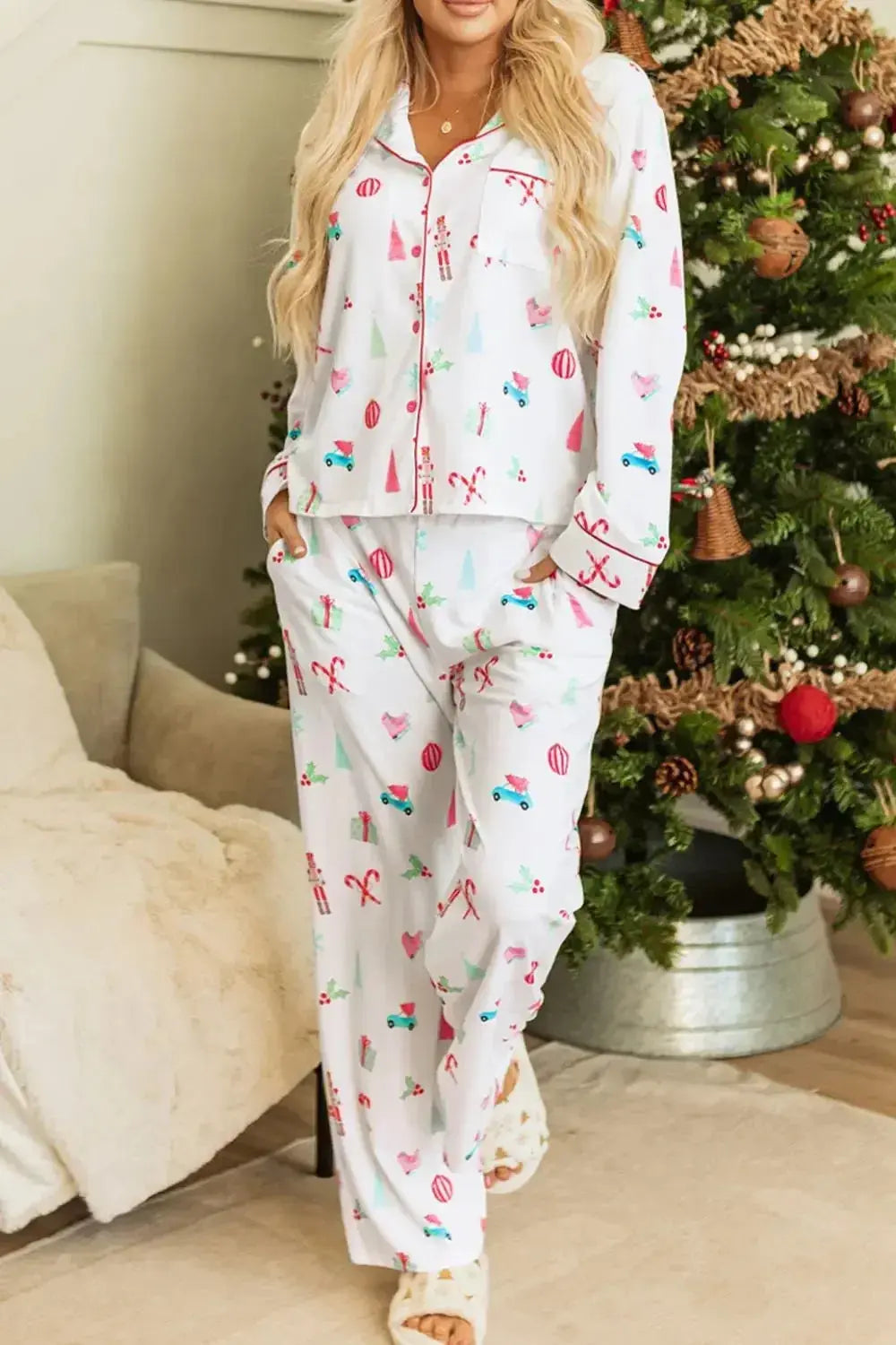 Women’s Christmas print long sleeve pajama lounge set by Plush Fashion Hub, featuring a collared design and festive holiday pattern.