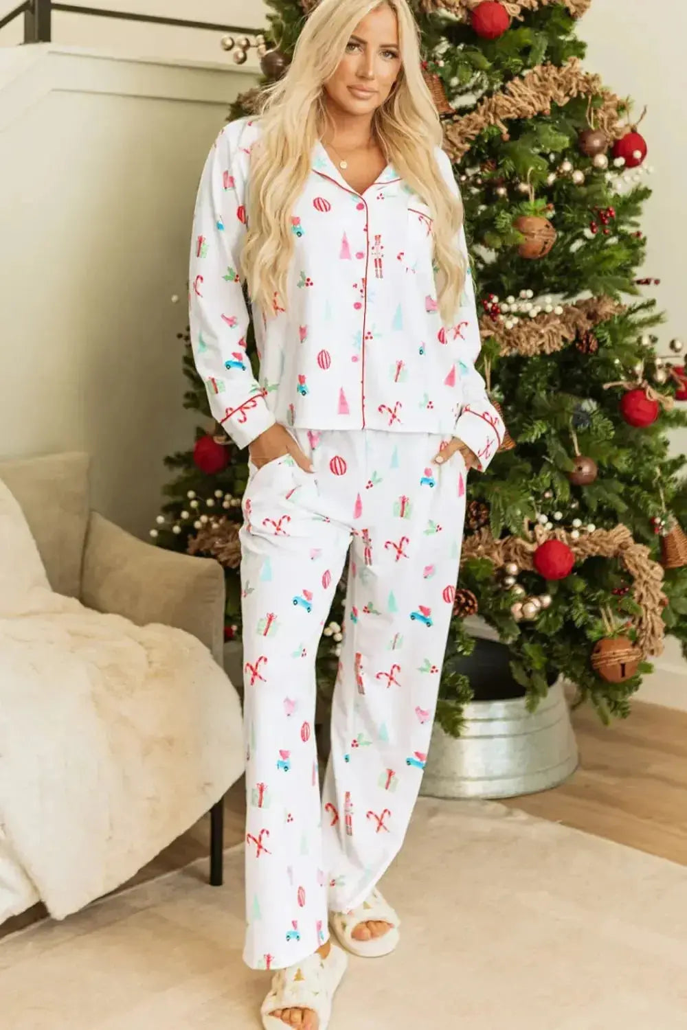 Women's Christmas print long sleeve collared pajama lounge set by Plush Fashion Hub, featuring festive holiday-themed pajamas.