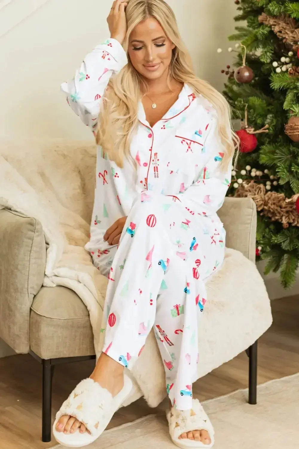 Women’s Christmas print long sleeve collared pajama lounge set by Plush Fashion Hub, featuring festive holiday design and comfortable fit.