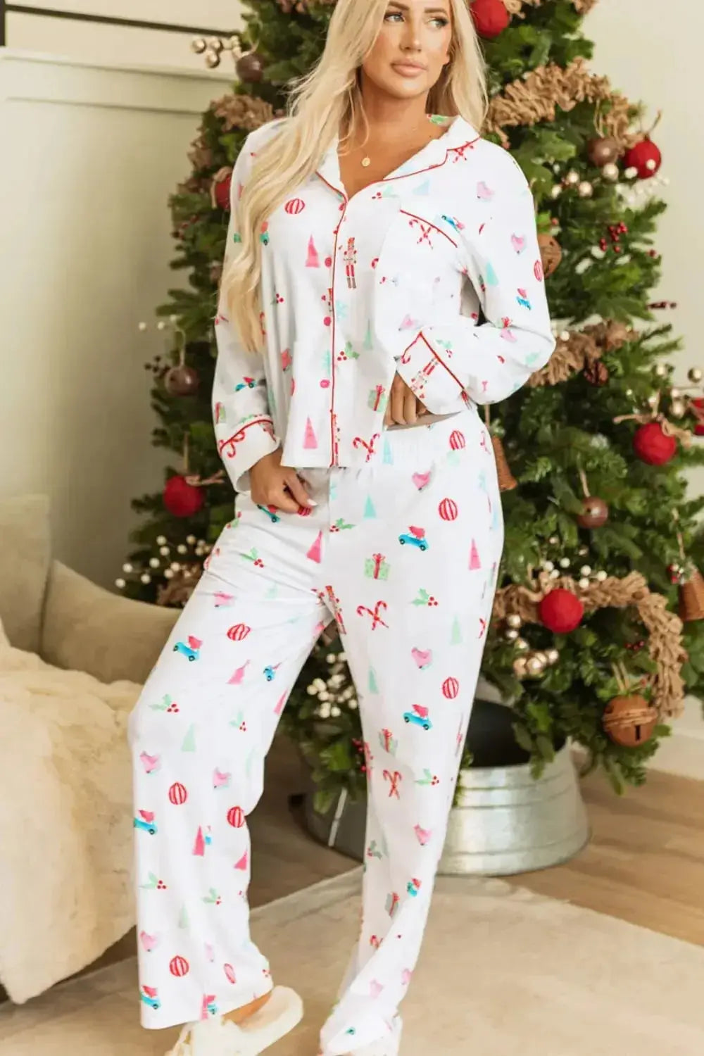 Women’s Christmas print long sleeve collared pajama lounge set by Plush Fashion Hub, featuring festive holiday-themed pajamas.