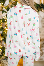 Women’s Christmas print long sleeve collared pajama lounge set by Plush Fashion Hub, featuring festive holiday design and comfortable fit.