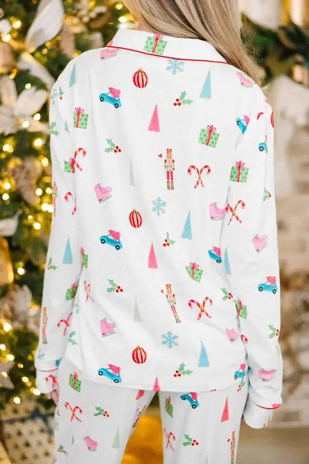 Women’s Christmas print long sleeve collared pajama lounge set by Plush Fashion Hub, featuring festive holiday design and comfortable fit.
