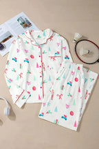 Women’s Christmas print long sleeve collared pajama lounge set by Plush Fashion Hub, featuring festive holiday design and comfortable fit.