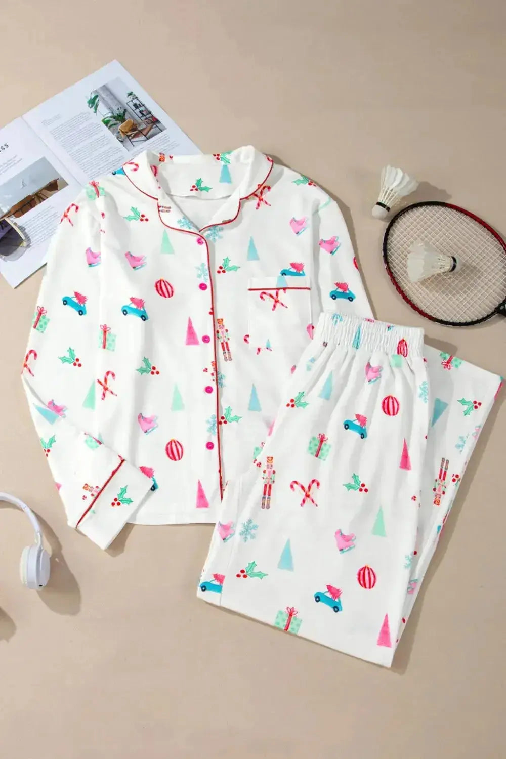 Women’s Christmas print long sleeve collared pajama lounge set by Plush Fashion Hub, featuring festive holiday design and comfortable fit.