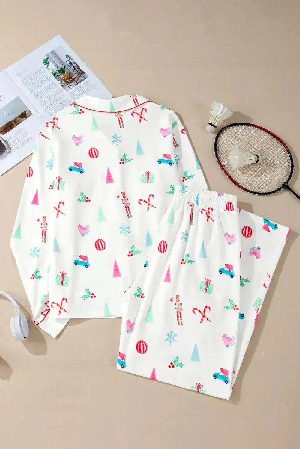 Women's Christmas print long sleeve collared pajama lounge set by Plush Fashion Hub, featuring festive holiday-themed design.
