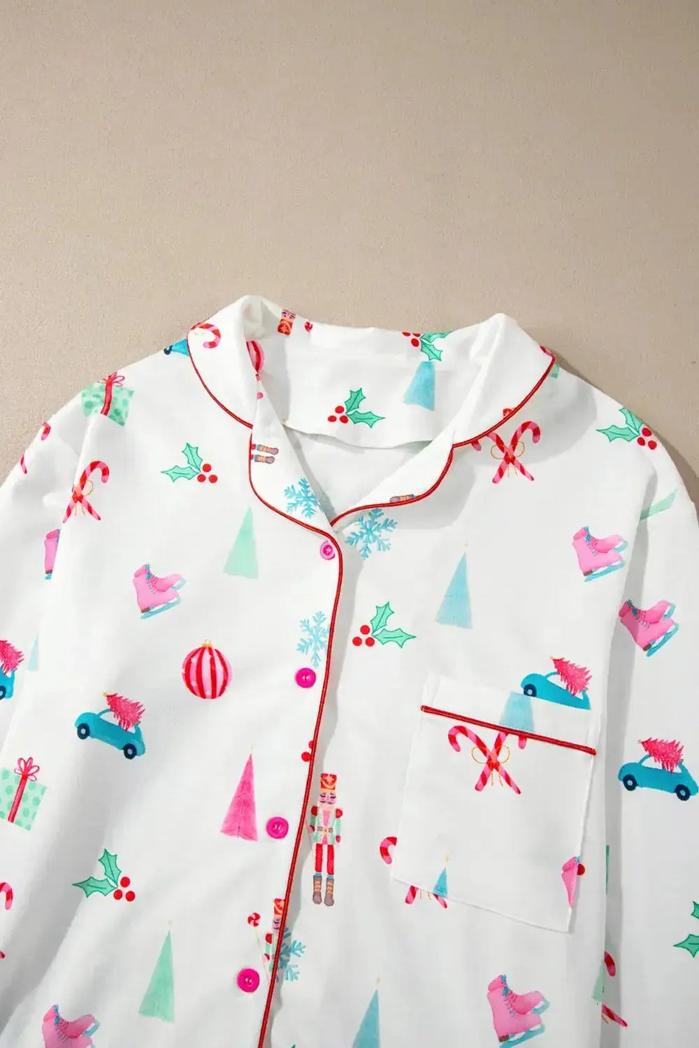 Women's Christmas print long sleeve collared pajama lounge set by Plush Fashion Hub, featuring festive holiday design and comfortable fabric.