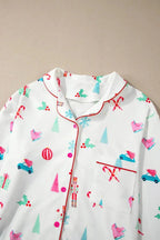 Women's Christmas print long sleeve collared pajama lounge set by Plush Fashion Hub, featuring festive holiday design and comfortable fabric.