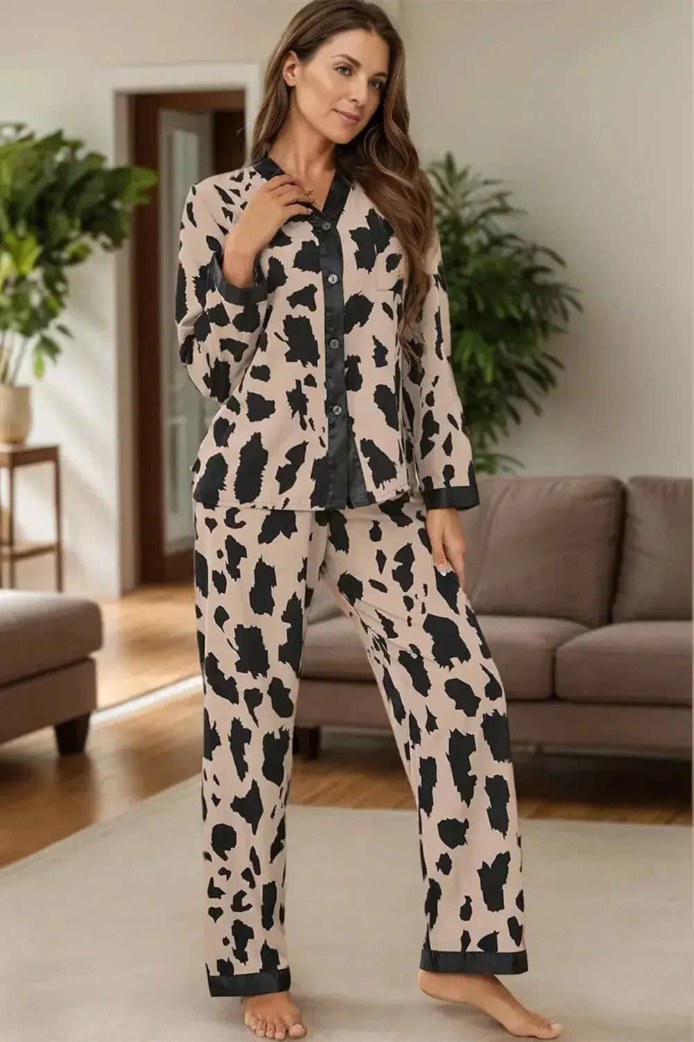 Women's classic button-down long sleeve pajama set by Trendsi, soft lounge wear with comfortable fabric and relaxed fit.