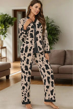 Women's classic button-down long sleeve pajama set by Trendsi, soft lounge wear with comfortable fabric and relaxed fit.