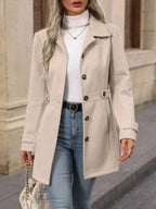 Women's classic button-front long sleeve layering coat, transitional outerwear by Trendsi, shown in a versatile, stylish design.