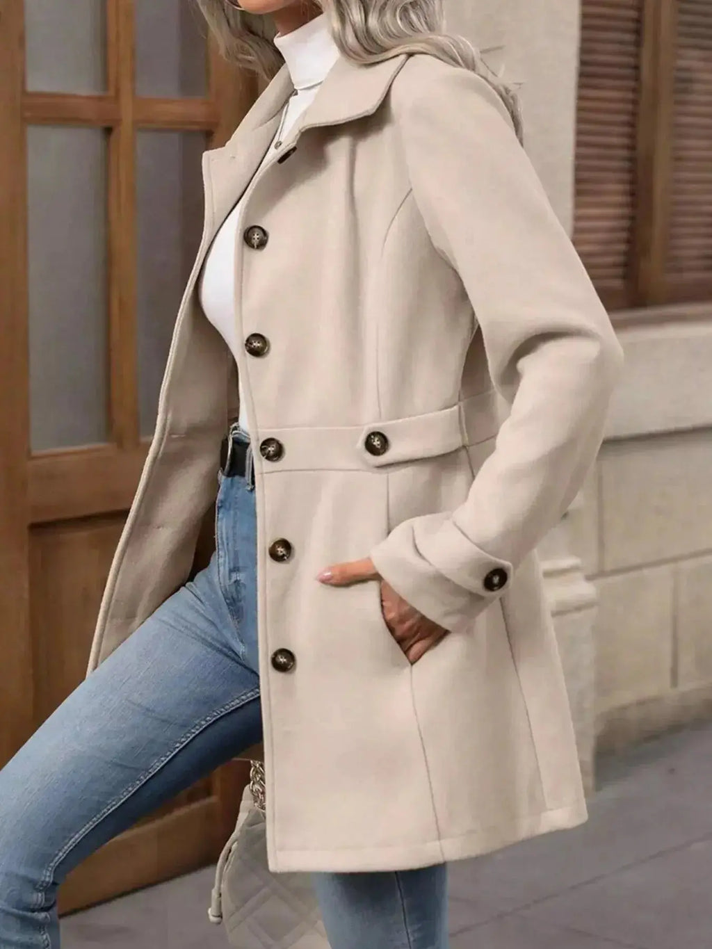 Women's classic button-front long sleeve layering coat, trendy transitional outerwear by Trendsi, perfect for stylish fall and spring wear.