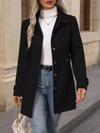 Women’s classic button-front long sleeve layering coat in neutral color, ideal for transitional outerwear by Trendsi.