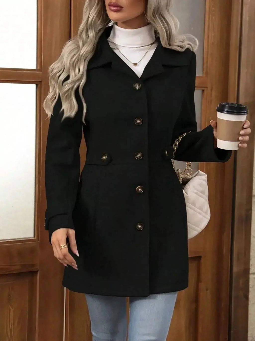 Women's classic button-front long sleeve layering coat, transitional outerwear from Trendsi, shown on a model.