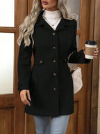 Women's classic button-front long sleeve layering coat, transitional outerwear from Trendsi, shown on a model.