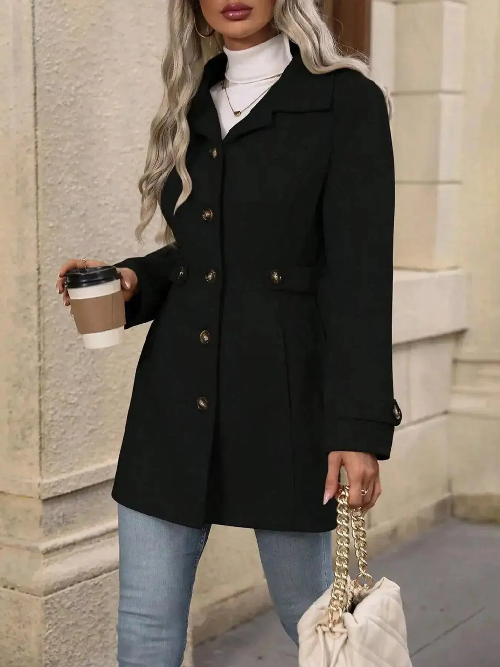 Women's classic button-front long sleeve layering coat, transitional outerwear by Trendsi, suitable for versatile fall and spring wear