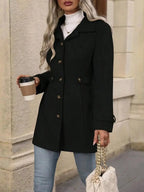 Women's classic button-front long sleeve layering coat, transitional outerwear by Trendsi, suitable for versatile fall and spring wear