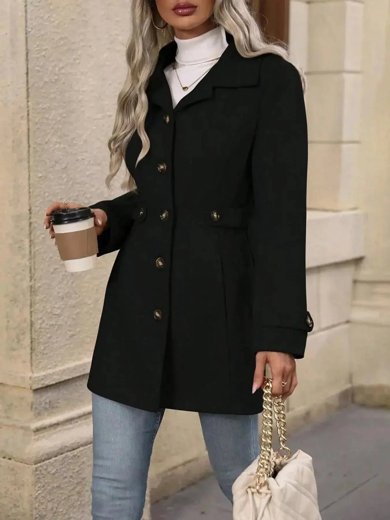 Women's classic button-front long sleeve layering coat, transitional outerwear by Trendsi, suitable for versatile fall and spring wear