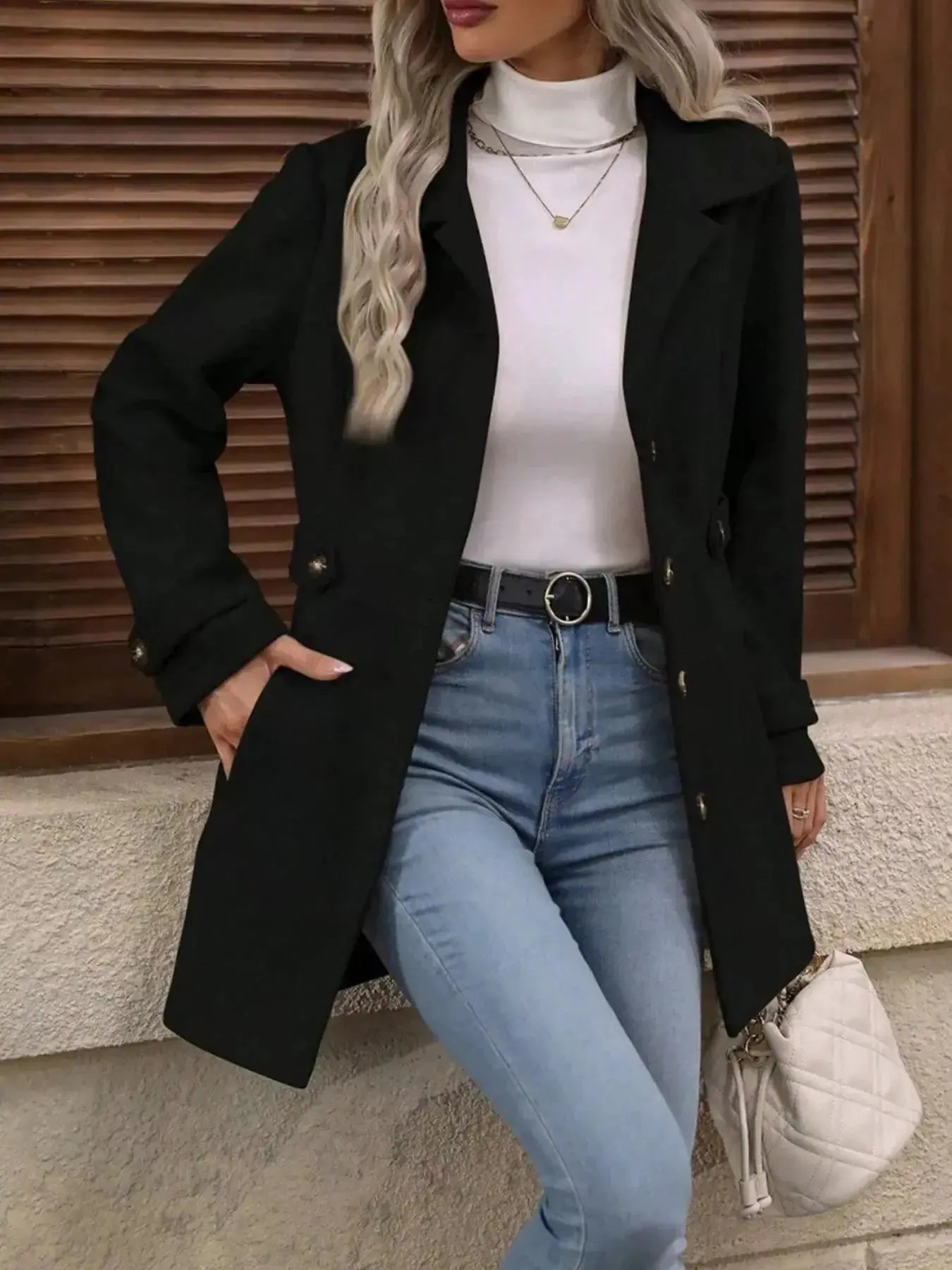 Women's classic button-front long sleeve layering coat, transitional outerwear by Trendsi, shown in a versatile, stylish design.