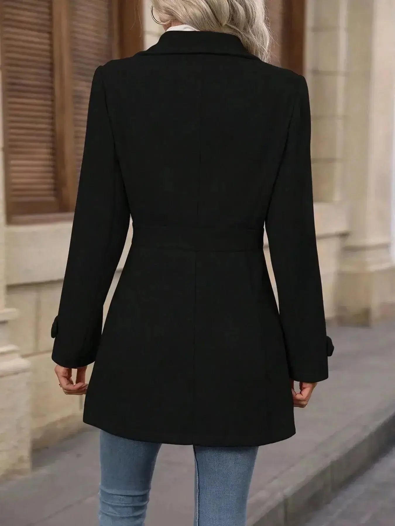 Women’s classic button-front long sleeve layering coat, transitional outerwear by Trendsi, shown in a neutral color.