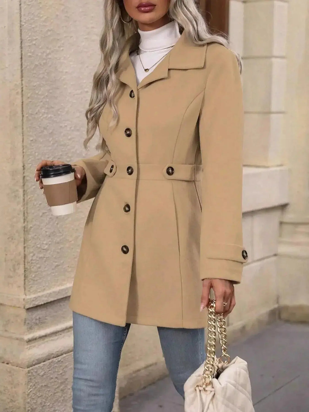 Women's classic button-front long sleeve layering coat, versatile transitional outerwear by Trendsi, shown in a neutral color.