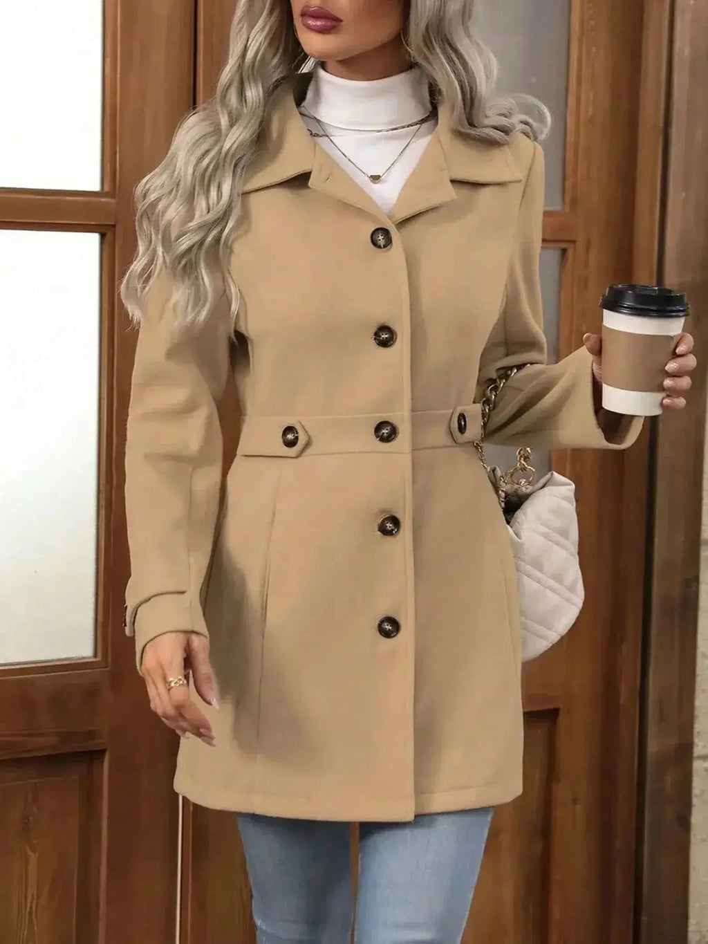 Women's classic button-front long sleeve layering coat, stylish transitional outerwear by Trendsi, ideal for cool weather.