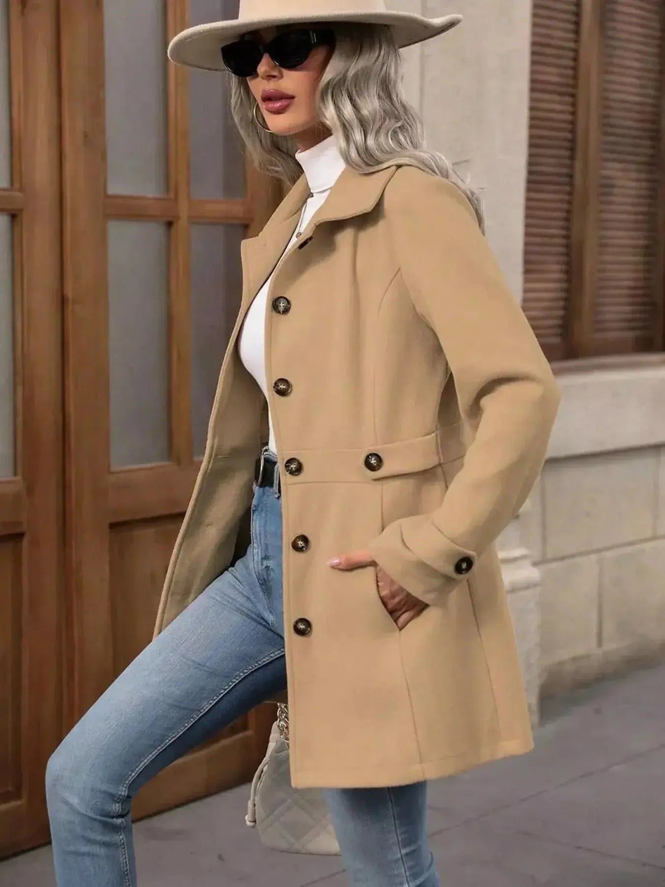 Women’s classic button-front long sleeve layering coat, trendy transitional outerwear by Trendsi, suitable for cooler weather.