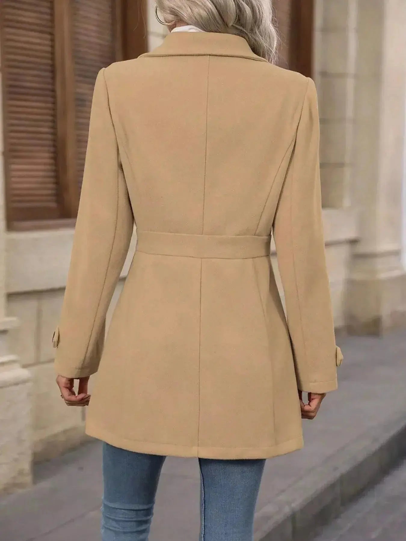 Women's classic button-front long sleeve layering coat, versatile transitional outerwear by Trendsi, shown in a neutral fabric.