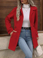 Women's classic button-front long sleeve layering coat, trendy transitional outerwear by Trendsi, perfect for versatile seasonal wear.
