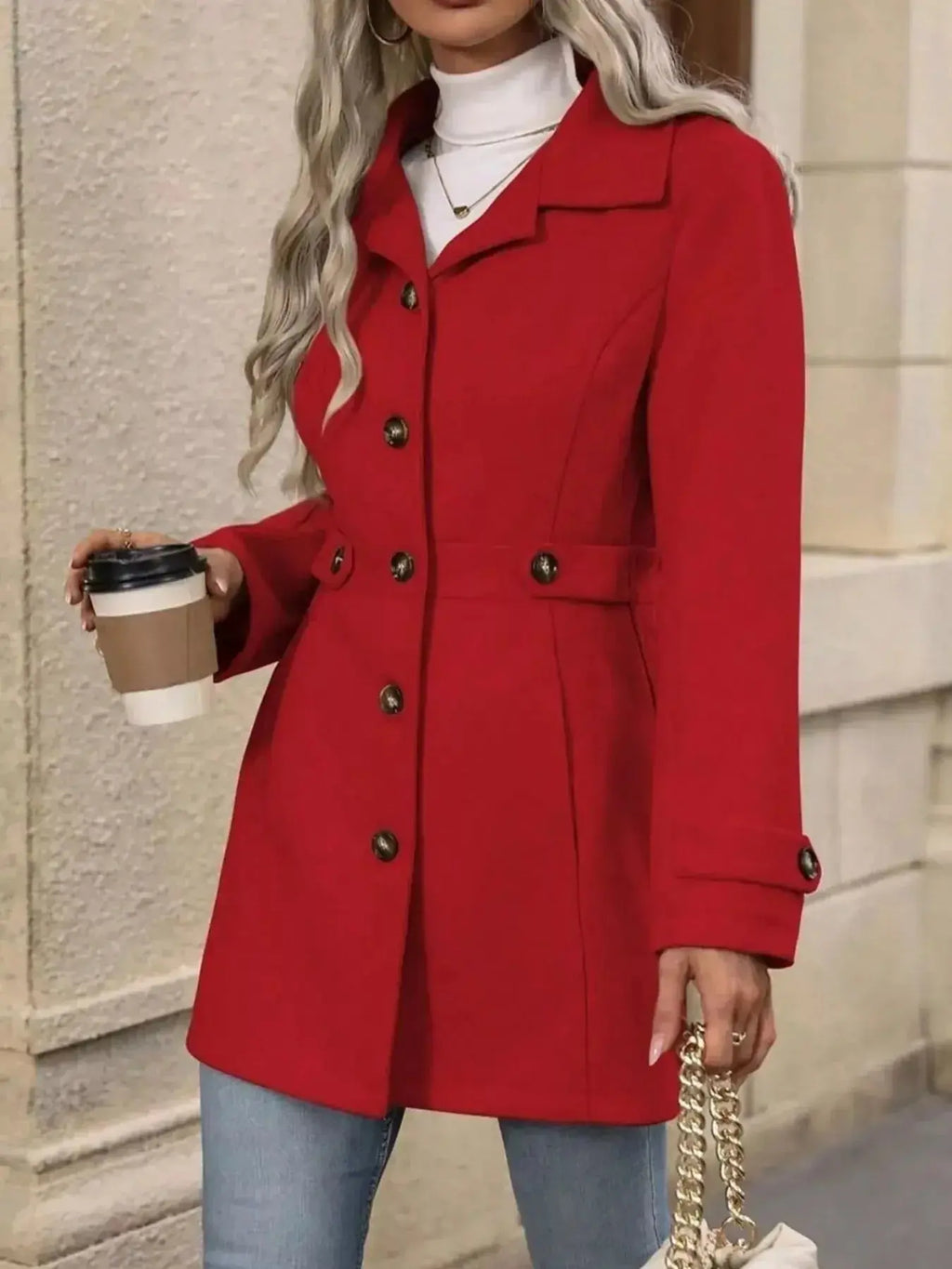 Women's classic button-front long sleeve layering coat, versatile transitional outerwear by Trendsi, shown in a stylish neutral color.