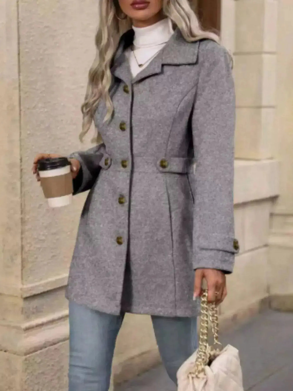 Women's classic button-front long sleeve layering coat, transitional outerwear by Trendsi, shown with a tailored fit and cozy fabric.