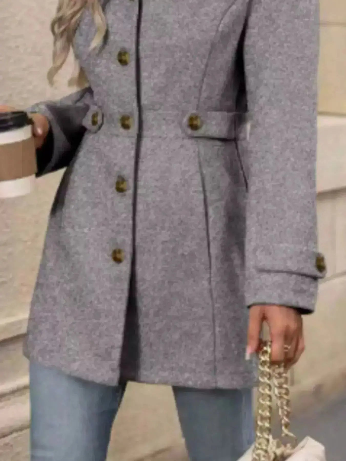 Women's classic button-front long sleeve layering coat, transitional outerwear by Trendsi, shown in neutral color.