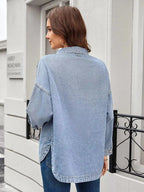 Women’s classic long sleeve denim shirt by Trendsi, made from premium cotton blend, featuring button-up front and casual style