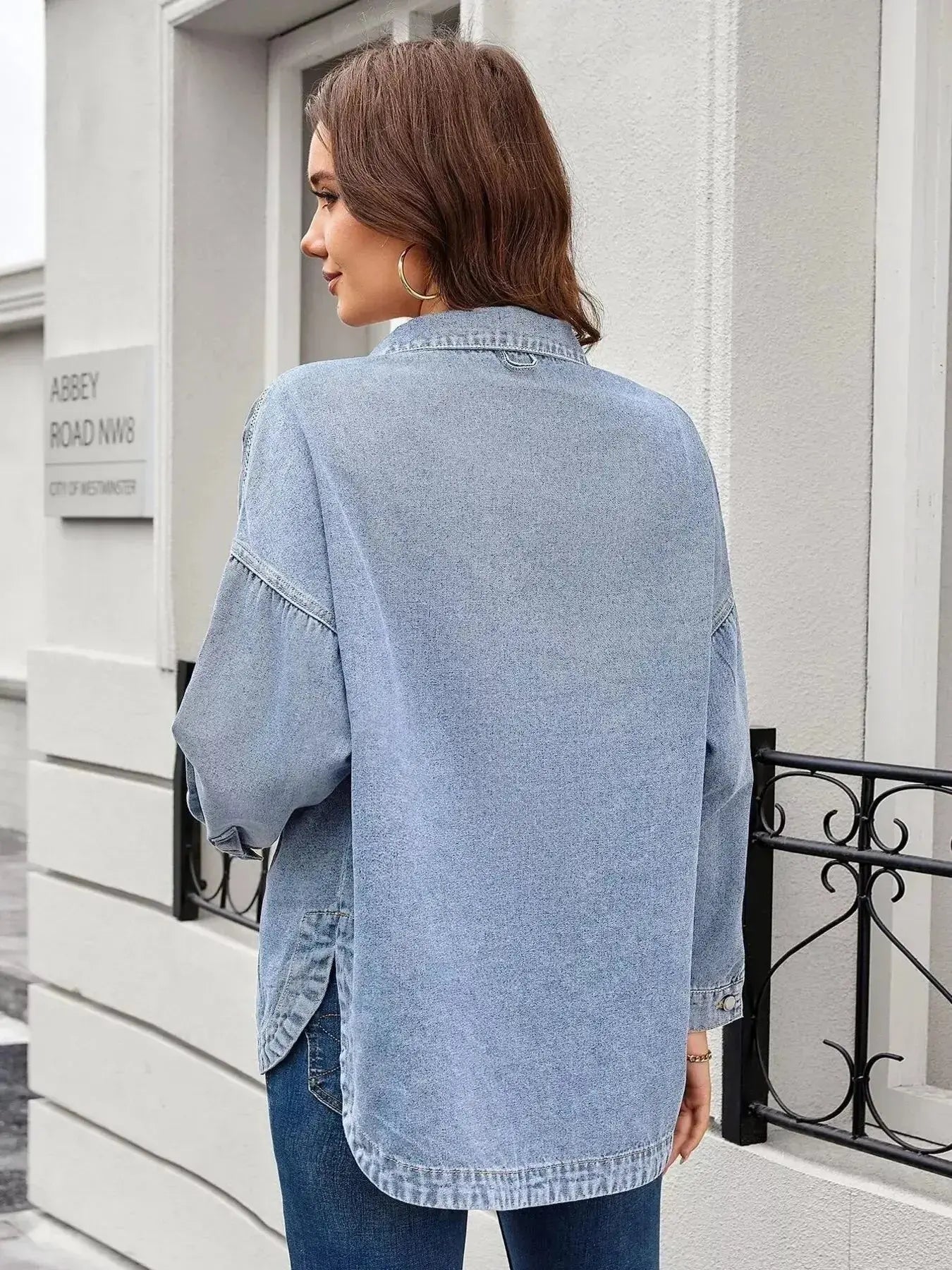 Women’s classic long sleeve denim shirt by Trendsi, made from premium cotton blend, featuring button-up front and casual style