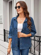 Women’s classic long sleeve denim shirt by Trendsi, made from premium cotton blend, featuring button-up front and casual style.