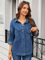 Women’s classic long sleeve denim shirt by Trendsi, made from premium cotton blend, featuring button-up front and casual fit.