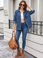 Women’s classic long sleeve denim shirt by Trendsi, made from premium cotton blend, featuring button-up front and casual style.