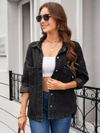 Women’s classic long sleeve denim shirt by Trendsi, made of premium cotton blend, featuring button-up front and collar.