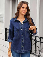 Women's classic long sleeve denim shirt by Trendsi, made of premium cotton blend, featuring button-up front and traditional denim style.