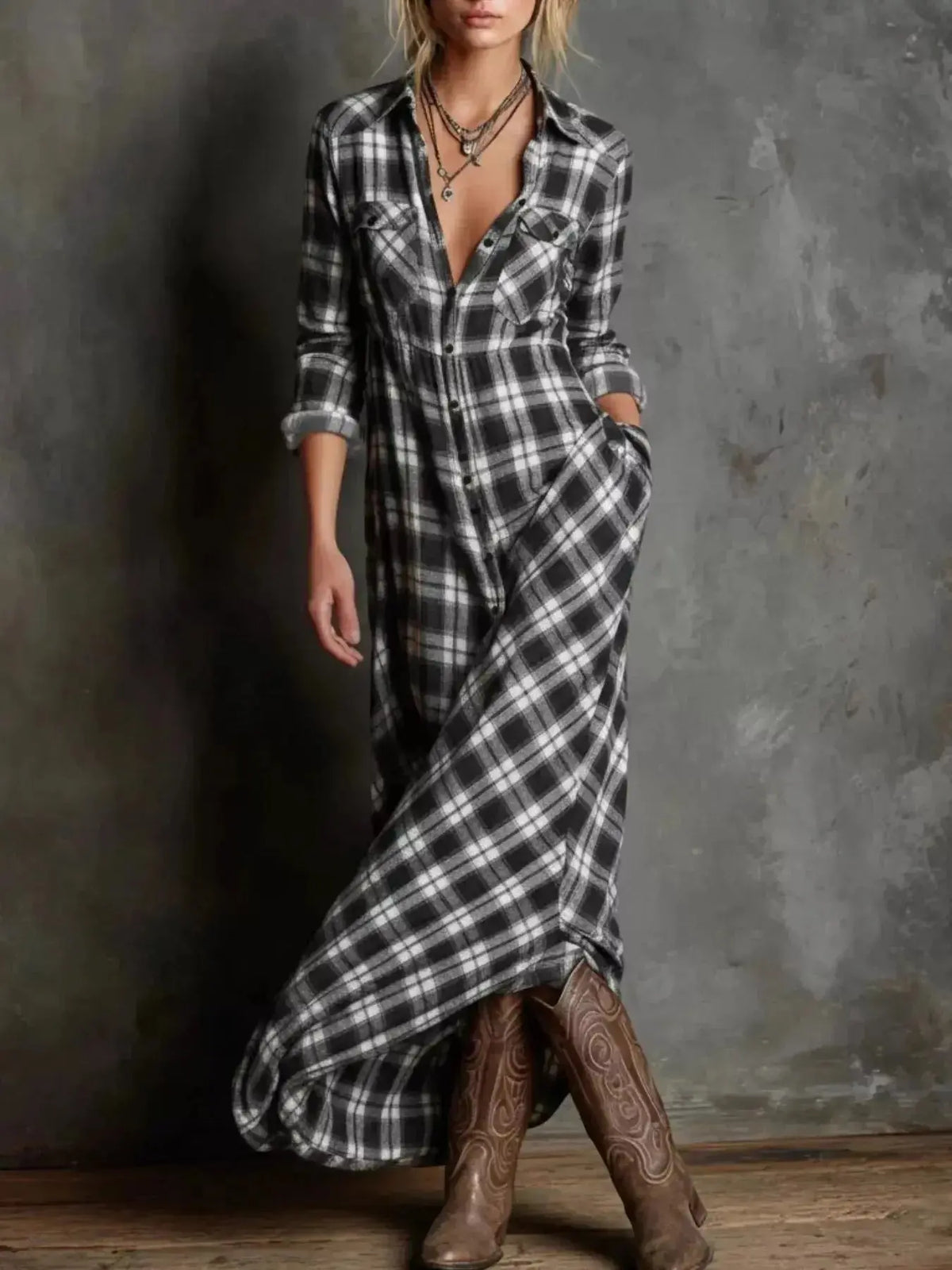 Women's plaid button-down maxi dress with pockets by Plush Fashion Hub, featuring a classic plaid pattern and casual style.