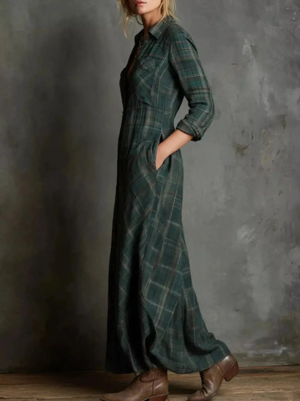 Women’s classic plaid button-down maxi dress with pockets, stylish and comfortable, by Trendsi, perfect for casual or everyday wear.