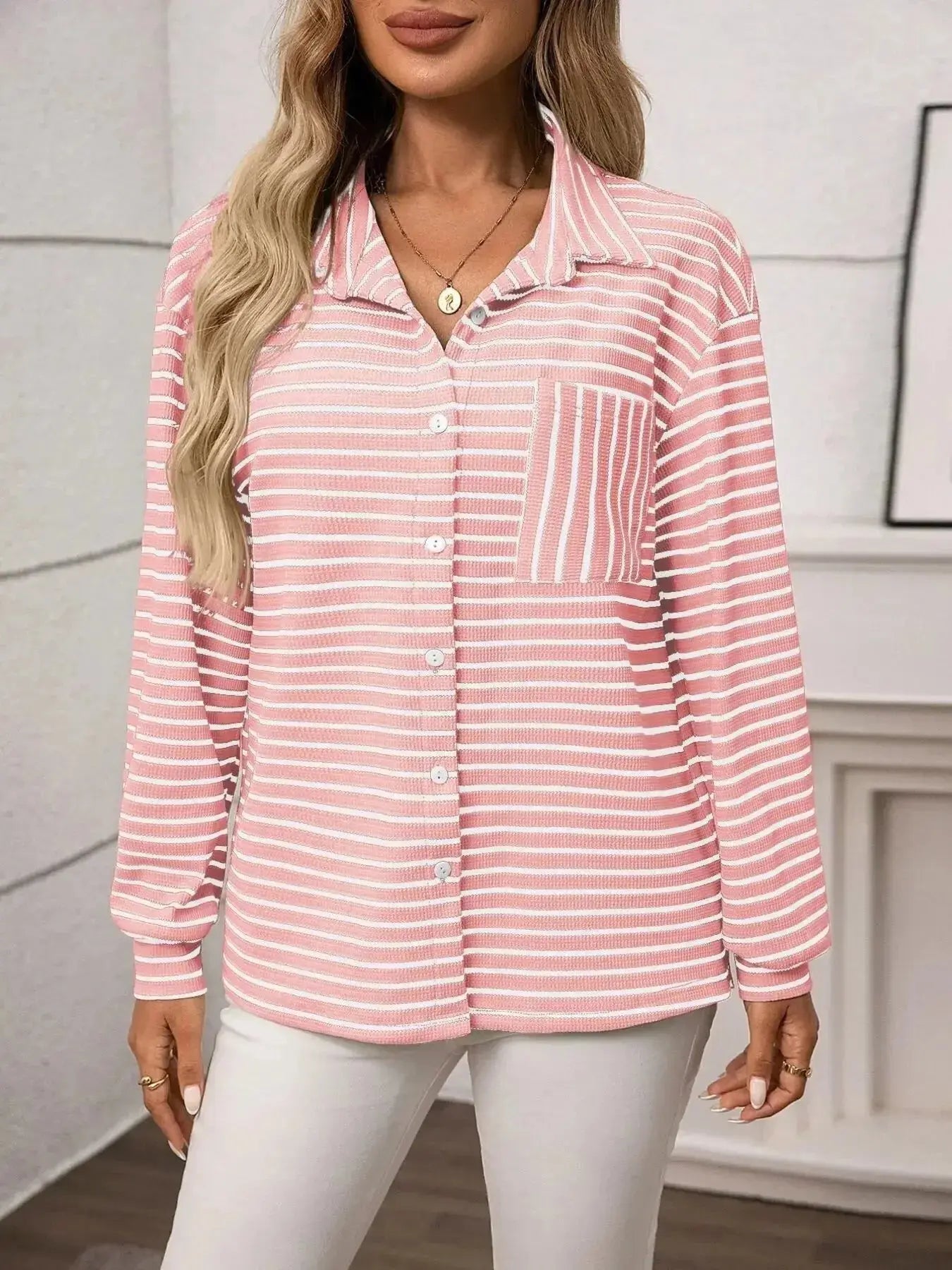 Women's classic striped long sleeve button-up shirt by Trendsi, perfect for versatile office wear, shown in a stylish, casual fit.