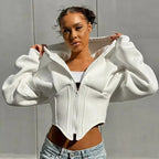 Women's plush long-sleeve zipper hooded cardigan from Plush Fashion Hub, featuring a cropped design and cozy hooded style.